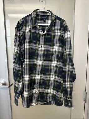 Lands’ End  Green & Navy Plaid Flannel Button Down Shirt Mens 3XLT Heavyweight
